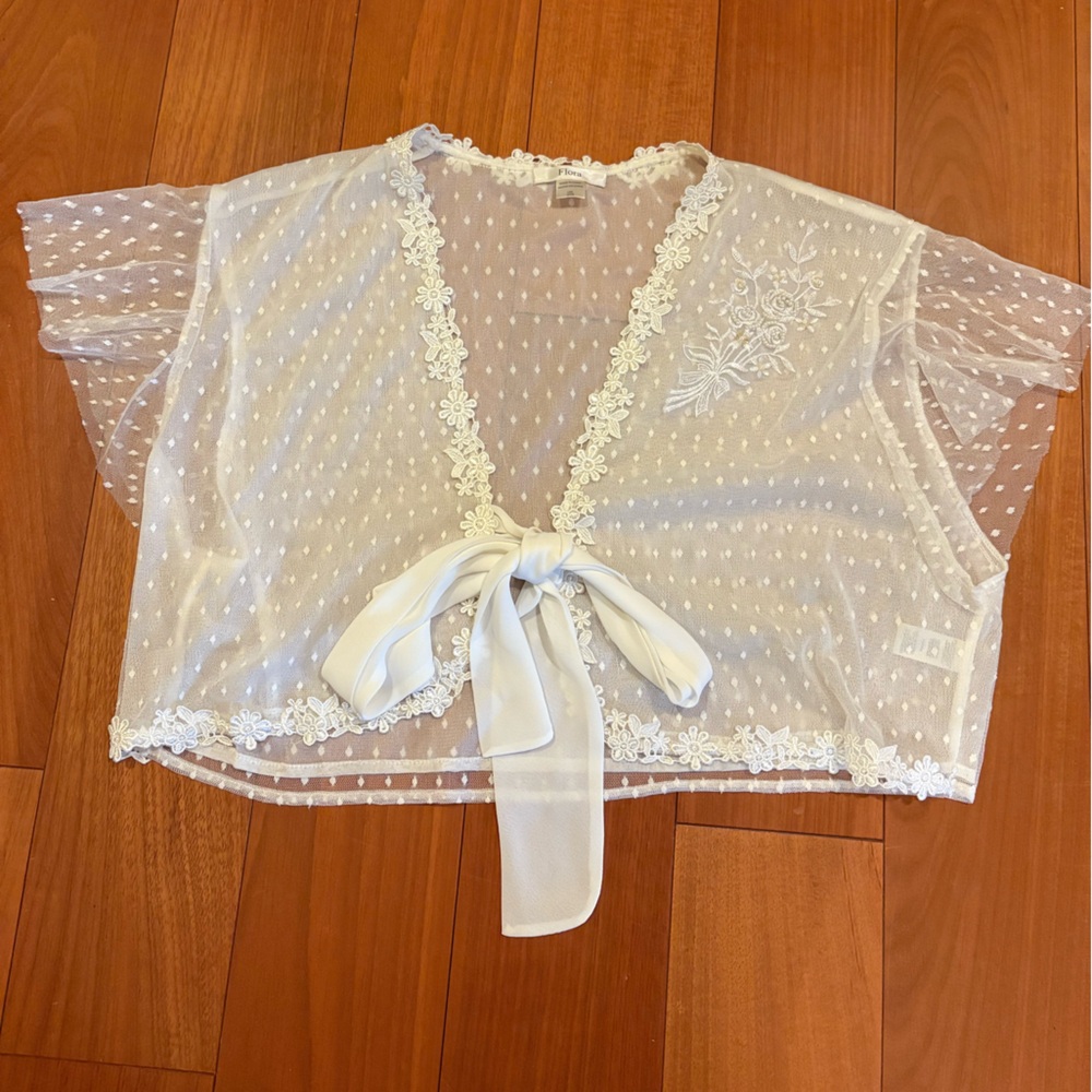 Sheer White Lace Top with Bow
